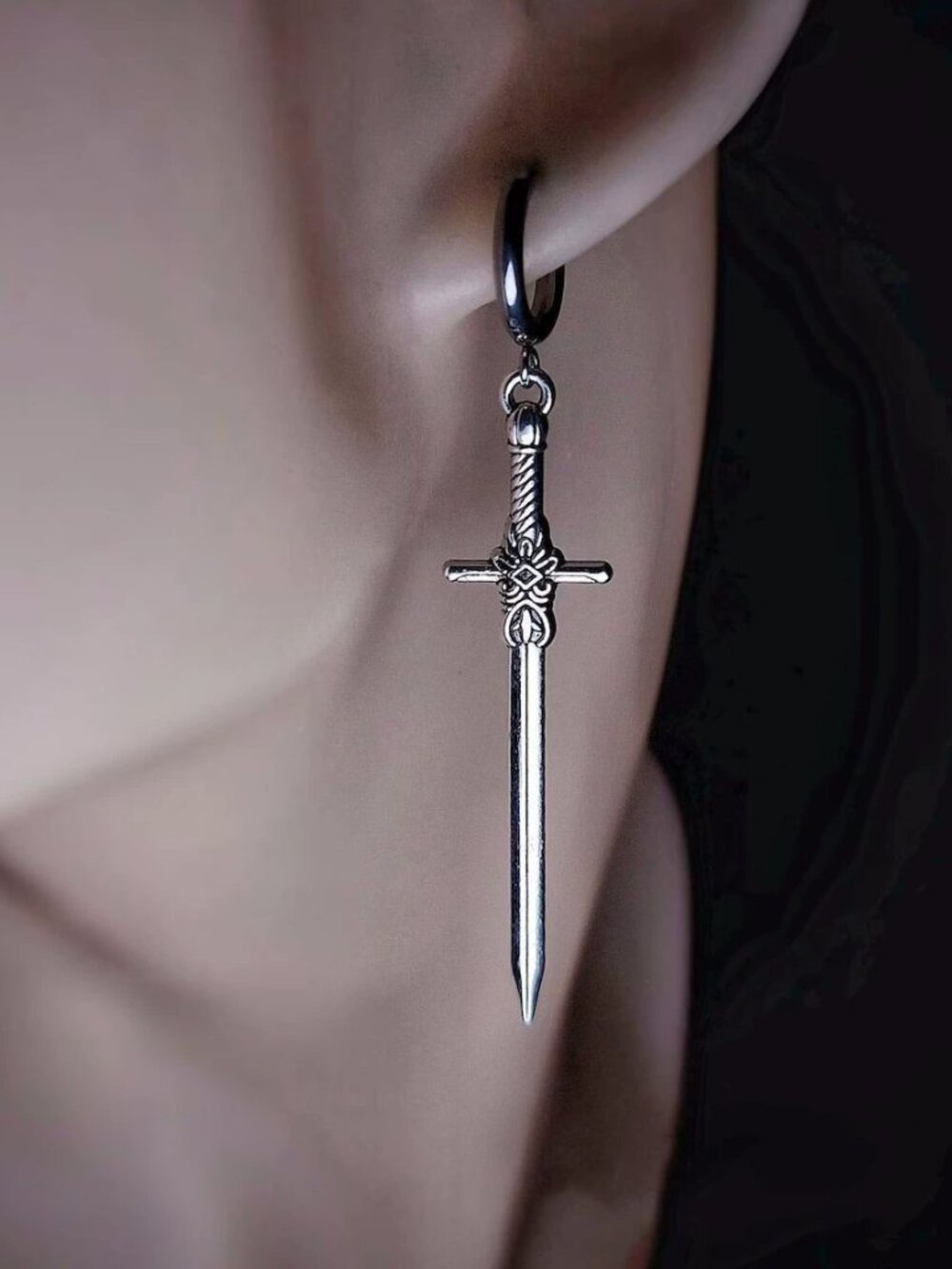Gothic Silver Sword Hoop Earrings | Mens & Womens Punk Dagger